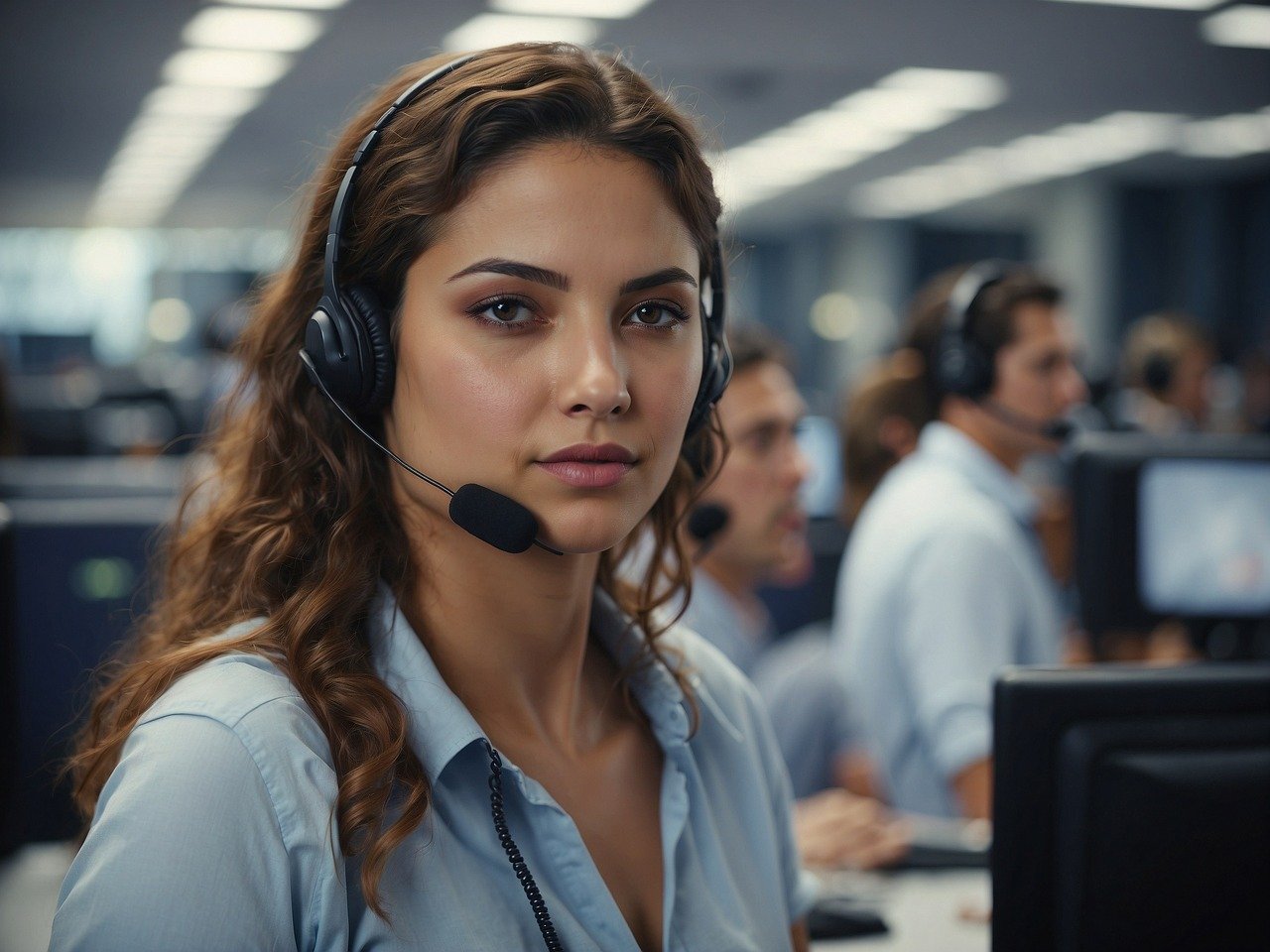 Customer Service Agent Ready to Assist Female customer service support agent wearing a headset, sitting in a call center and prepared to assist customers.