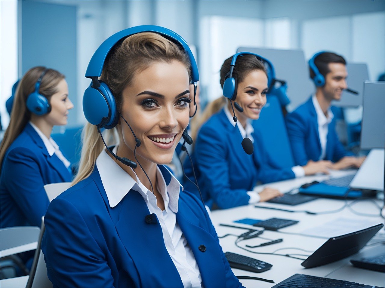 Customer Service Agent in Blue Dress Female customer service agent in a blue dress, smiling in a call center setup.