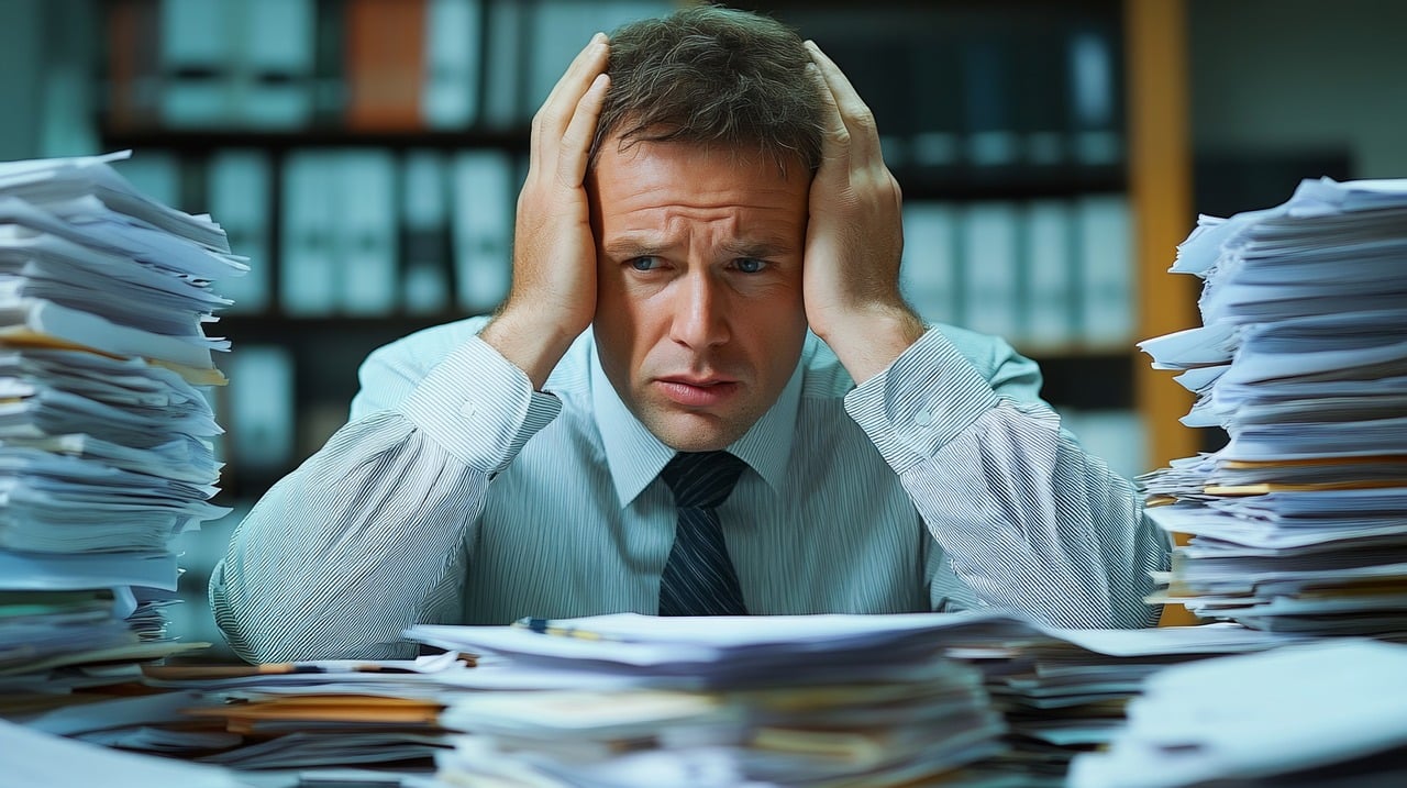Man sitting in an office surrounded by a large number of files, looking stressed and holding his head, illustrating the challenges of managing paperwork without technology.